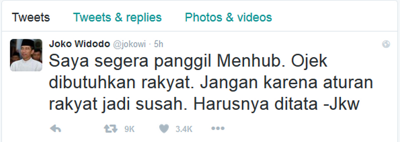 Tanggapan Presiden Jokowi terkait Larangan Gojek dkk (twitter)